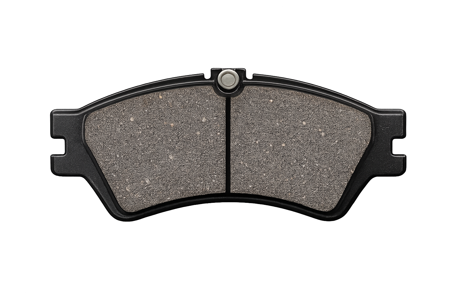 Close-up of automotive brake pads showing friction material and backing plate on transparent background