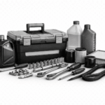 Black and silver automotive repair tools and maintenance equipment including toolbox, oil containers, filters, and hand tools on a transparent background